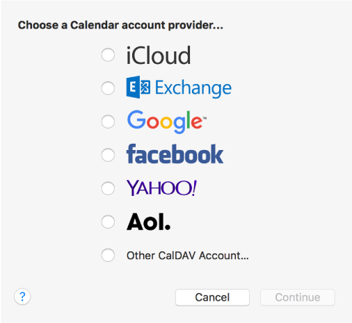 Dialog for adding a calendar account