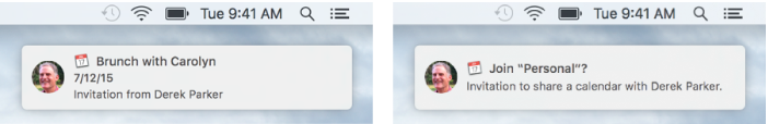 Notification banners for an event invitation and a shared calendar invitation