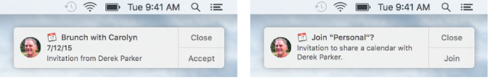 Notification alerts for an event invitation and a shared calendar invitation