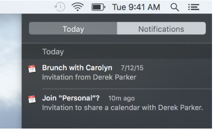 Calendar event notification and shared calendar notification in Notification Center