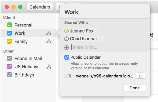 Sharing Settings window with two people invited to share and the Public Calendar option selected