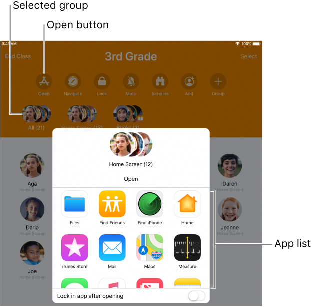 shows screen shot of how to use Apple Classroom to lock student into an app