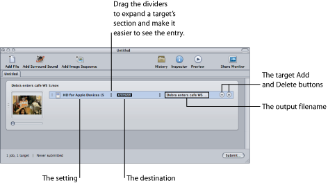 Figure. Components of a target: the setting, the destination, the output filename, dividers, and Add and Delete buttons.