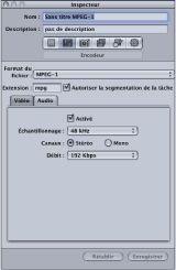 Figure. Audio tab of the MPEG-1 Encoder pane of the Inspector window.
