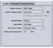 Figure. Audio tab of the Dolby Digital Professional encoder pane in the Inspector window.