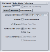 Figure. Preprocessing tab of the Dolby Digital Professional encoder pane in the Inspector window.