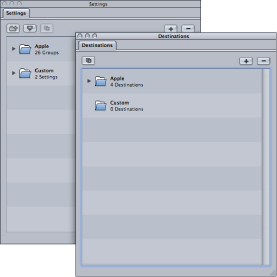 Figure. The Destination tab and the Settings tab as two separate windows.