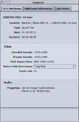 Figure. The A/V Attributes tab in the Inspector window showing source media file information.