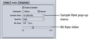 Figure. Audio tab of the MPEG-4 Part 2 Encoder pane.