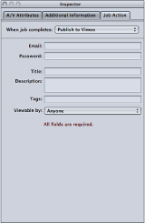 Figure. Job action form for publishing an output media file to a Vimeo account.