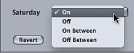 Figure. On/Off pop-up menu in the work schedule dialog in the Apple Qmaster pane of System Preferences.
