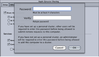 Figure. Password dialog in the Apple Qmaster pane of System Preferences.