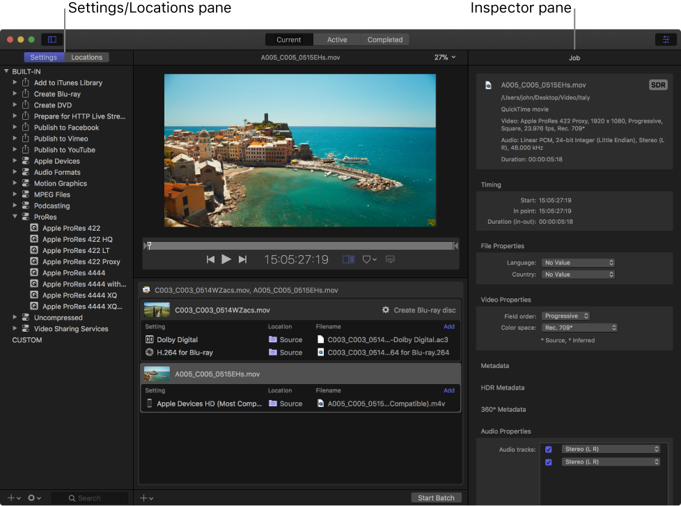 Compressor window with Settings pane and Inspector pane showing