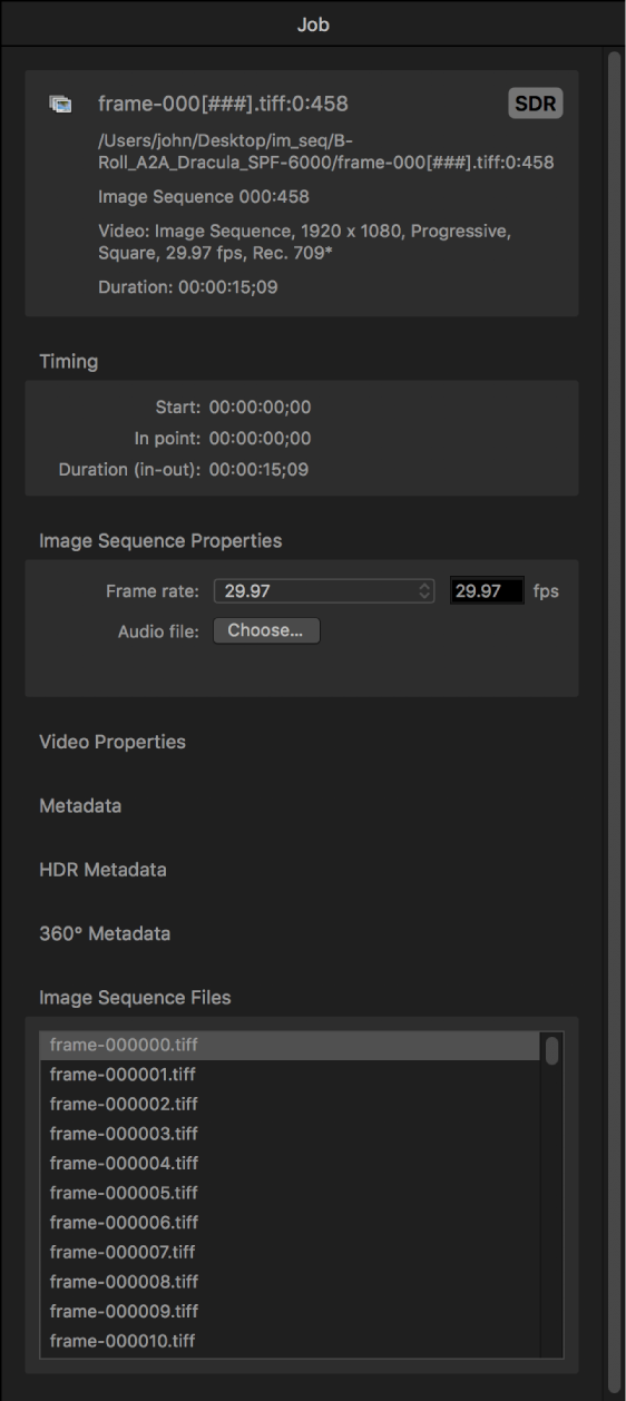 Job inspector showing properties for image sequence