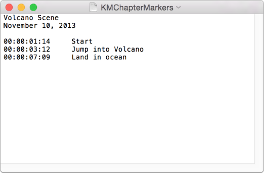 Text window showing list of chapter markers