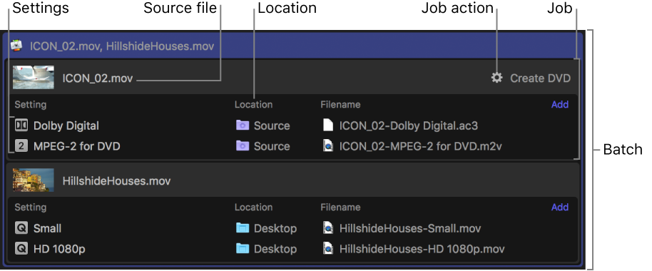 Batch area showing two jobs, each with multiple outputs assigned