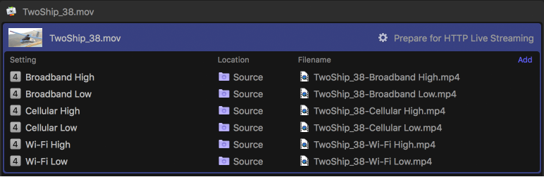 Batch area showing one job with multiple outputs assigned
