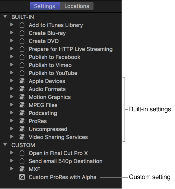 Settings pane showing a collection of built-in and custom settings.