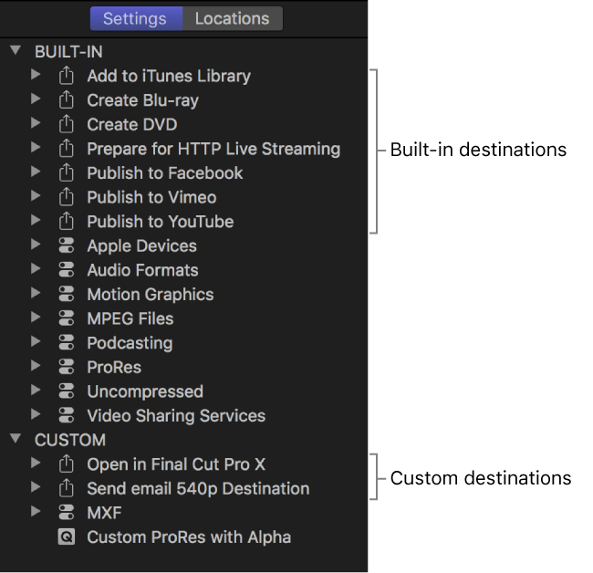 Settings pane showing built-in and custom destinations.