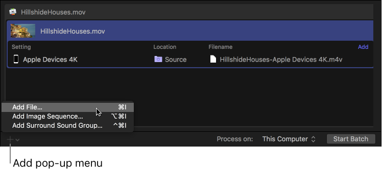 Batch area showing Add pop-up menu