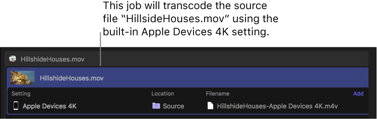 Batch area showing single job with single setting applied.