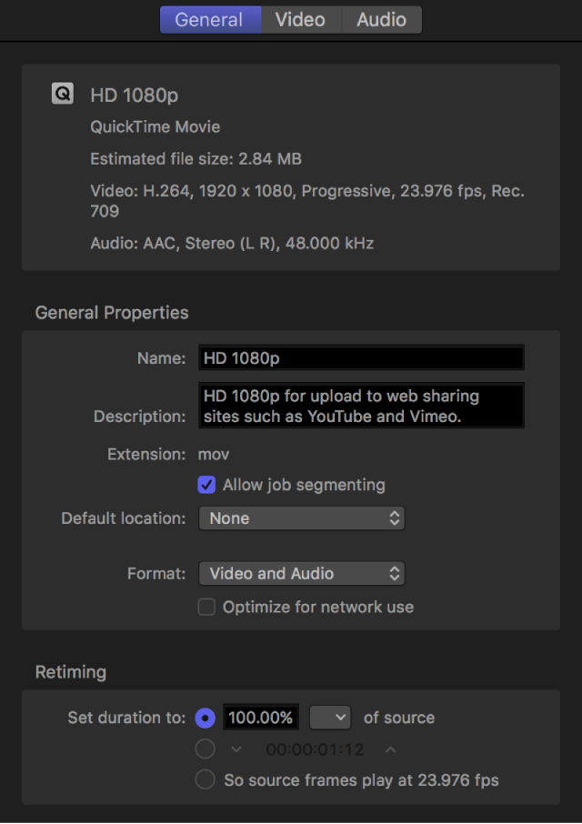 Inspector showing properties for HD 720p setting