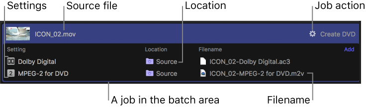 A job in the batch area with multiple settings.