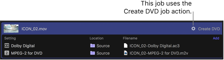 A job in the batch area with a job action applied.