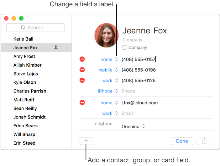 Contact card open with home phone number field selected.