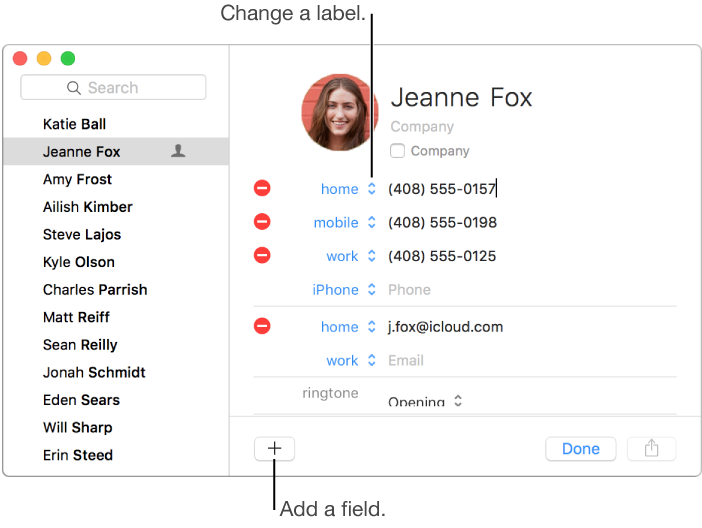 Contact card open with callout to arrows next to the home phone number field. Click the arrows to change a label.