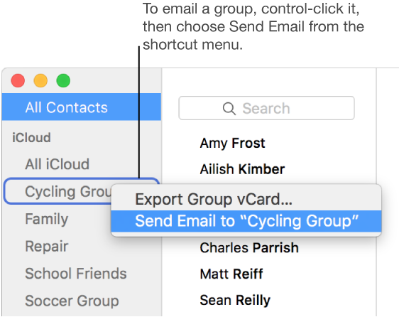 The pop-up menu for emailing a Contacts group