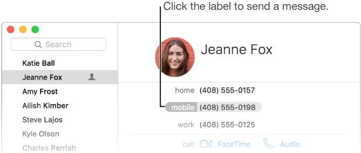 Contact card with a callout to the mobile field. Callout reads "Click the label to send a message."