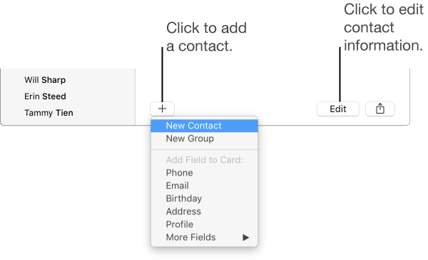 A contact card showing how to add and edit contact info