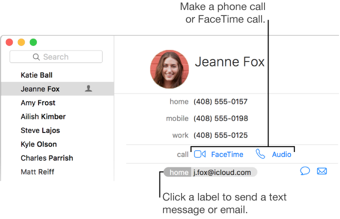 A card showing the buttons for sending an email or text message and making a phone or FaceTime Call