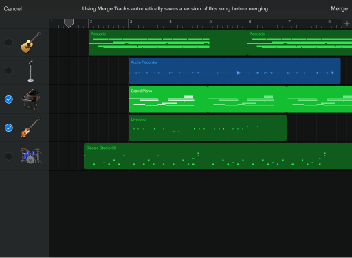 Track headers showing Merge Track circles