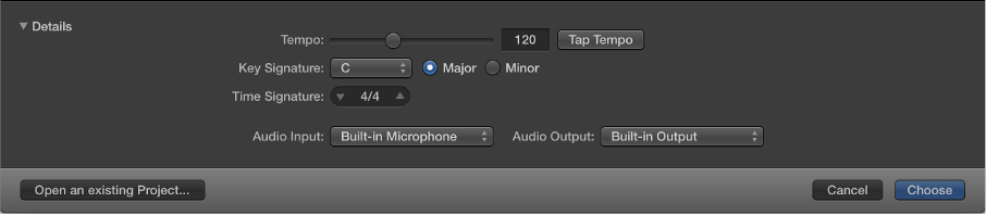 Figure. Details area of Project Chooser open, showing parameters