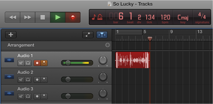 Figure. Showing a recorded audio region in red in the Tracks area.