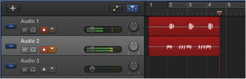 Figure. Showing recorded audio regions on two audio tracks in the Tracks area.