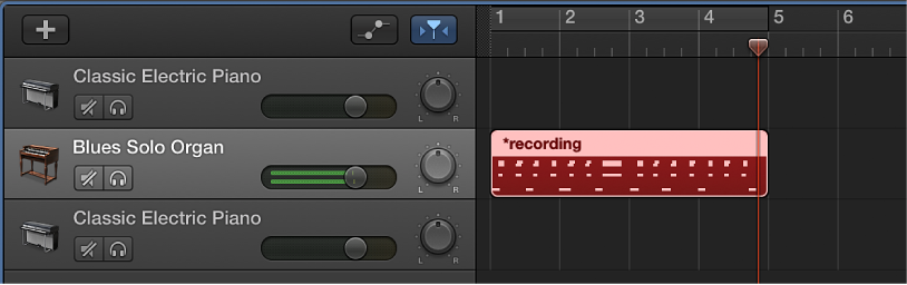 Figure. Showing a recorded MIDI region in red in the Tracks area.