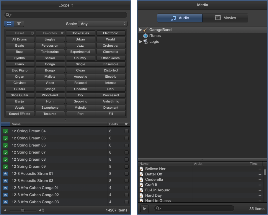 Figure. Side-by-side view of the Loop Browser and Media Browser.