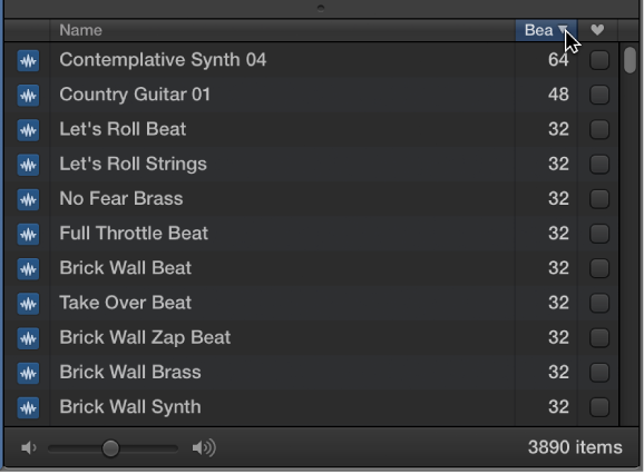Figure. Pointing to the Beats column header in the Loop Browser.