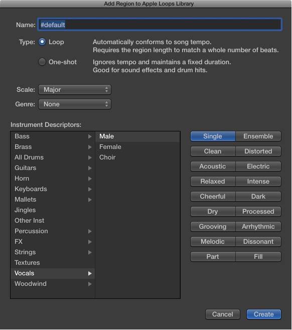 Figure. Add Region to Apple Loops Library dialog.