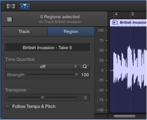 Figure. Audio Editor inspector showing Region controls