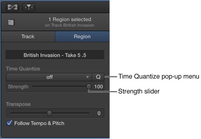 Figure. Audio Editor inspector, showing Time Quantize pop-up menu and Strength slider