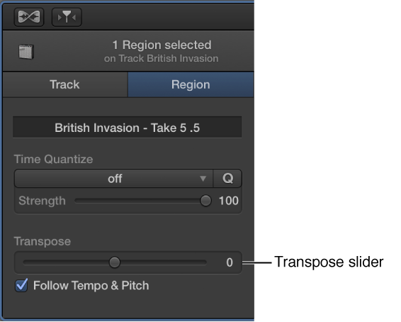 Figure. Audio Editor inspector in Region mode, showing Transpose slider