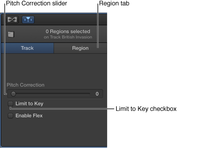 Figure. Audio Editor inspector in Track mode, showing Pitch Correction slider and Limit to Key checkbox