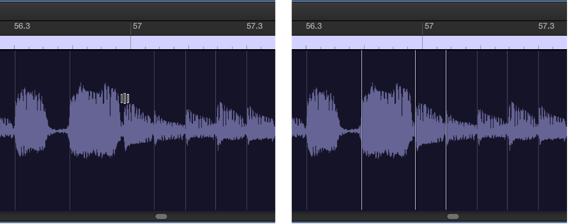 Figure. Audio region showing flex marker creation on top of transient marker.