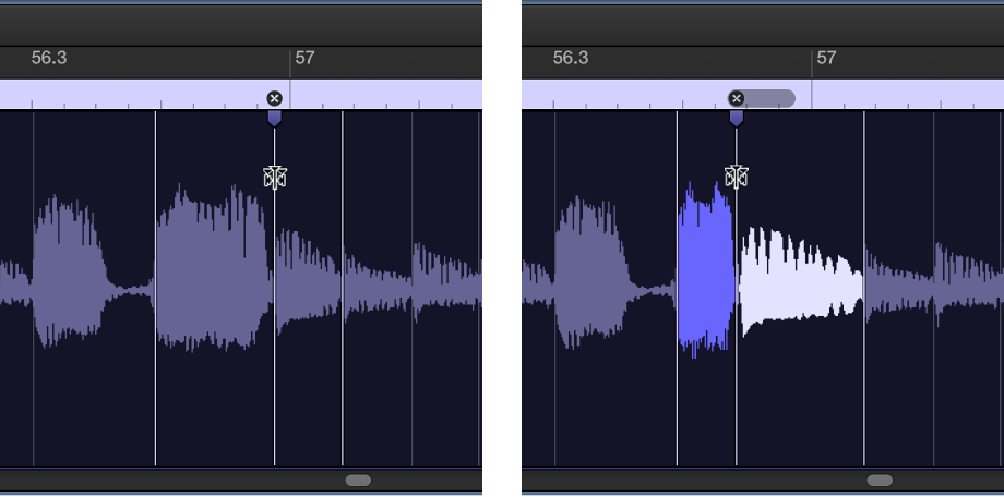 Figure. Two audio regions showing the region before and after a flex marker is moved to the left.