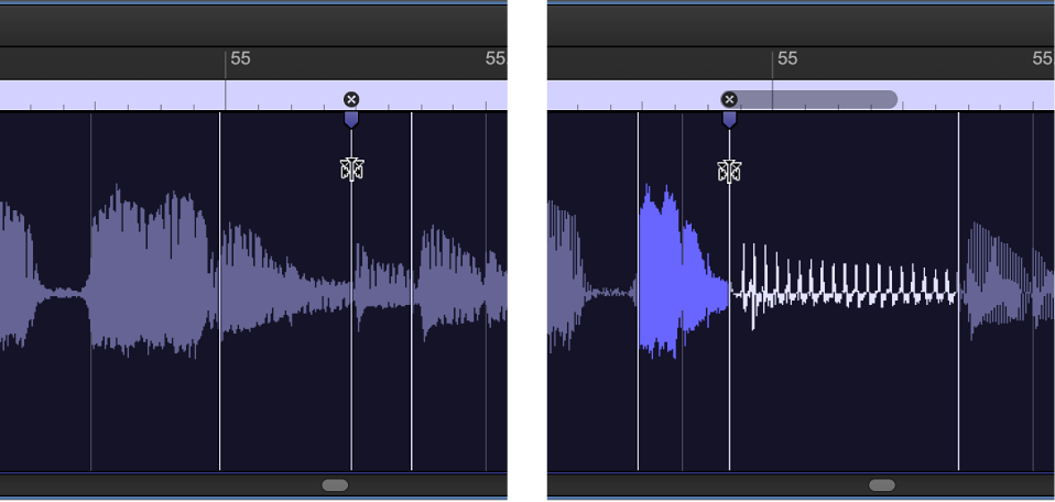 Figure. Two audio regions showing the region before and after a flex marker is moved to the left and overlaps the previous flex marker.