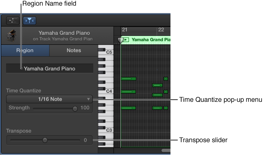 Figure. Piano Roll Editor inspector in Region mode, showing controls